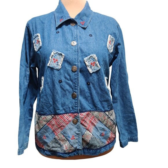 Bobbie Brooks M Vintage Patchwork Denim Jacket Embroidered Accents Americana - Picture 1 of 13
